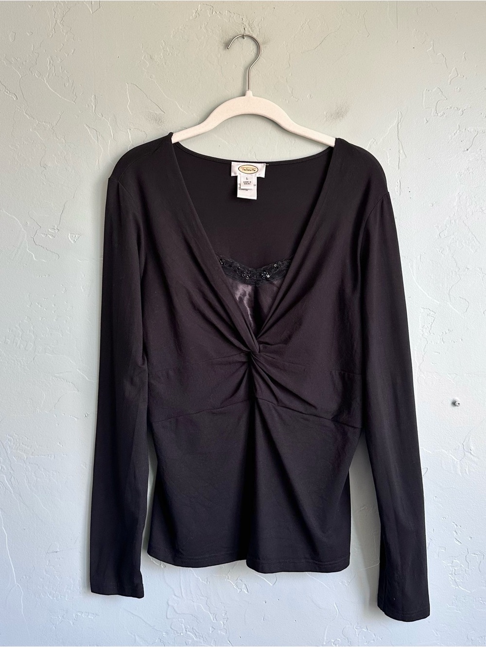 Talbots Vintage Black Twist-Front Long Sleeve Layered Beaded Lace Top Large
